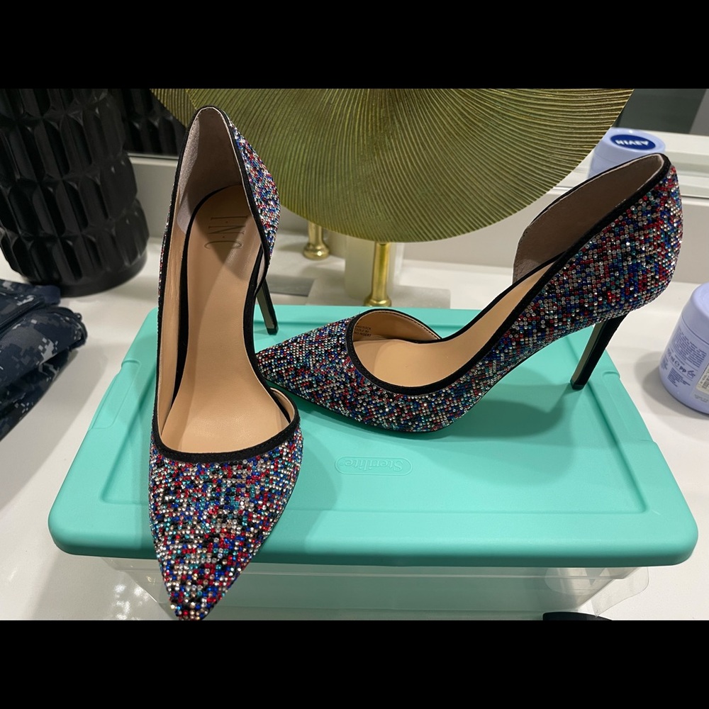 Red, Blue, Black, and Clear bling and Suede Heels